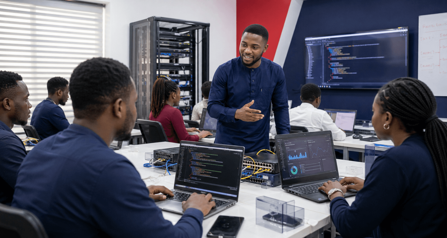 Loctech students learning coding and networking in a Nigerian IT training classroom
