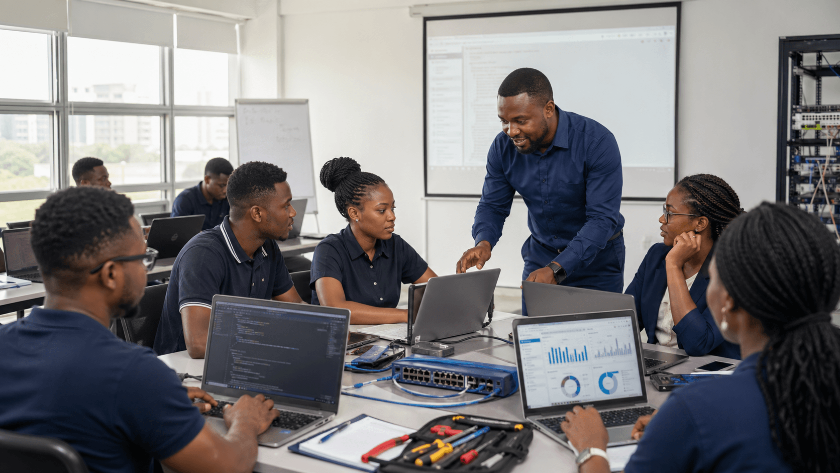Loctech instructor guiding Nigerian students during a practical technology class
